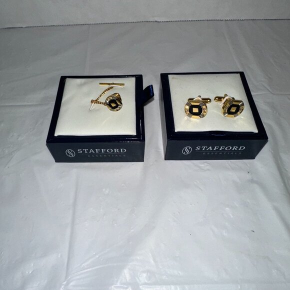 Stafford Essentials Gold & Black Cufflinks & Tie Bar Set - Picture 1 of 7
